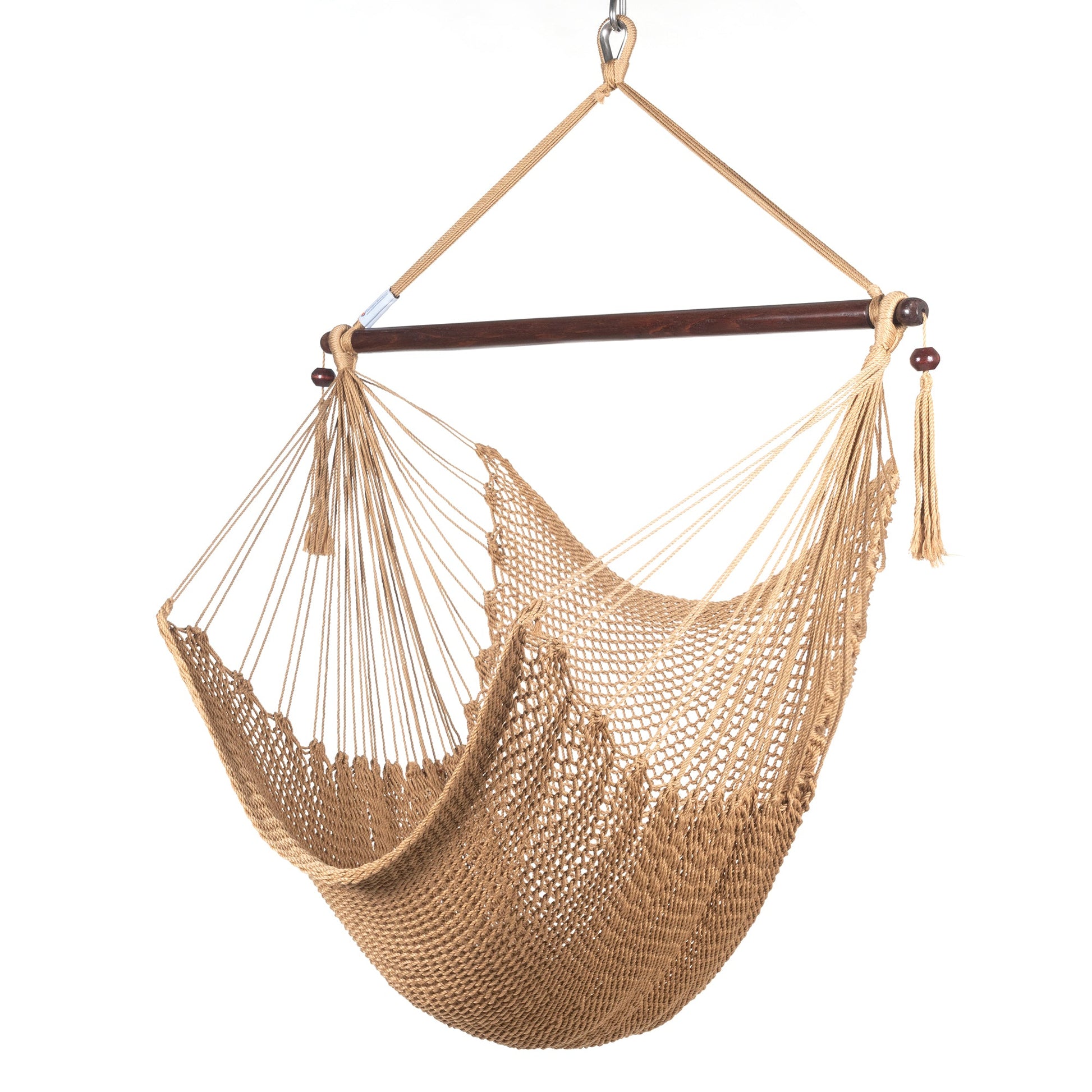 Island Haven hammock chair in tan, hand-woven poly cord with a dark hardwood spreader bar and tasseled ends, on a white background