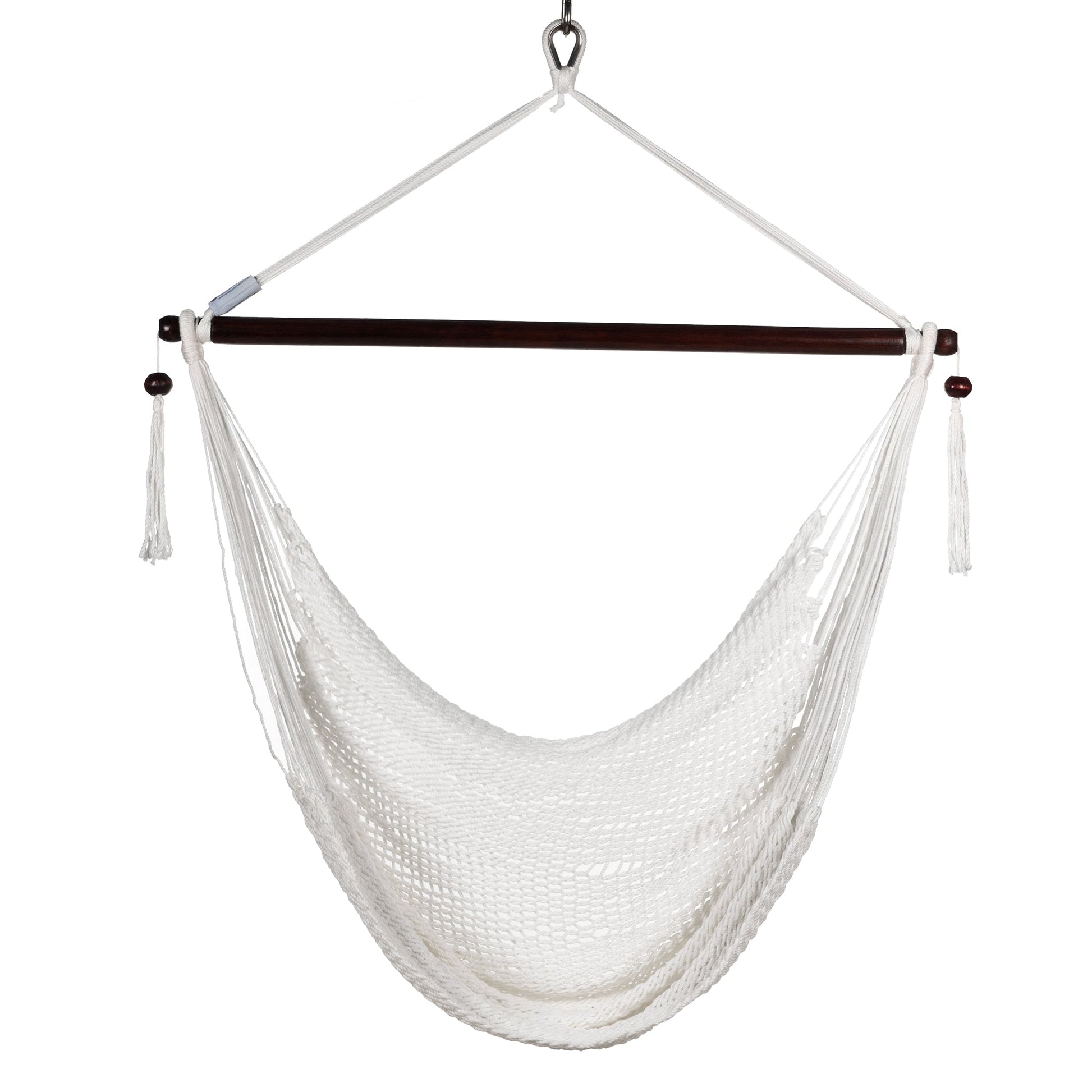 Front view of a white Island Haven hammock chair showing the deep open-weave seat and built-in footrest, on a white background