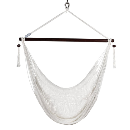 Front view of a white Island Haven hammock chair showing the deep open-weave seat and built-in footrest, on a white background