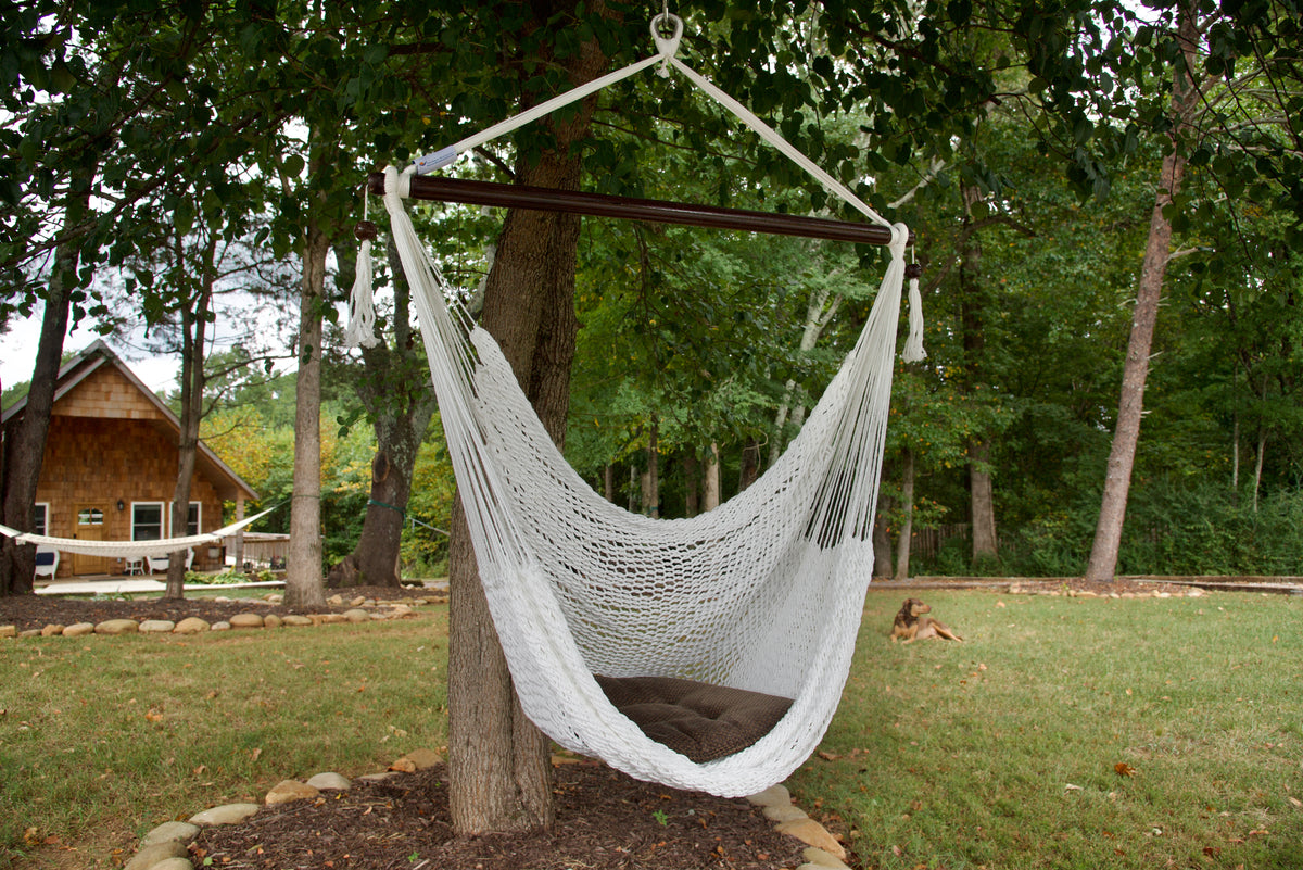 White Island Haven hammock chair with a brown seat pillow, hanging from a tree in a wooded backyard with a timber cabin behind