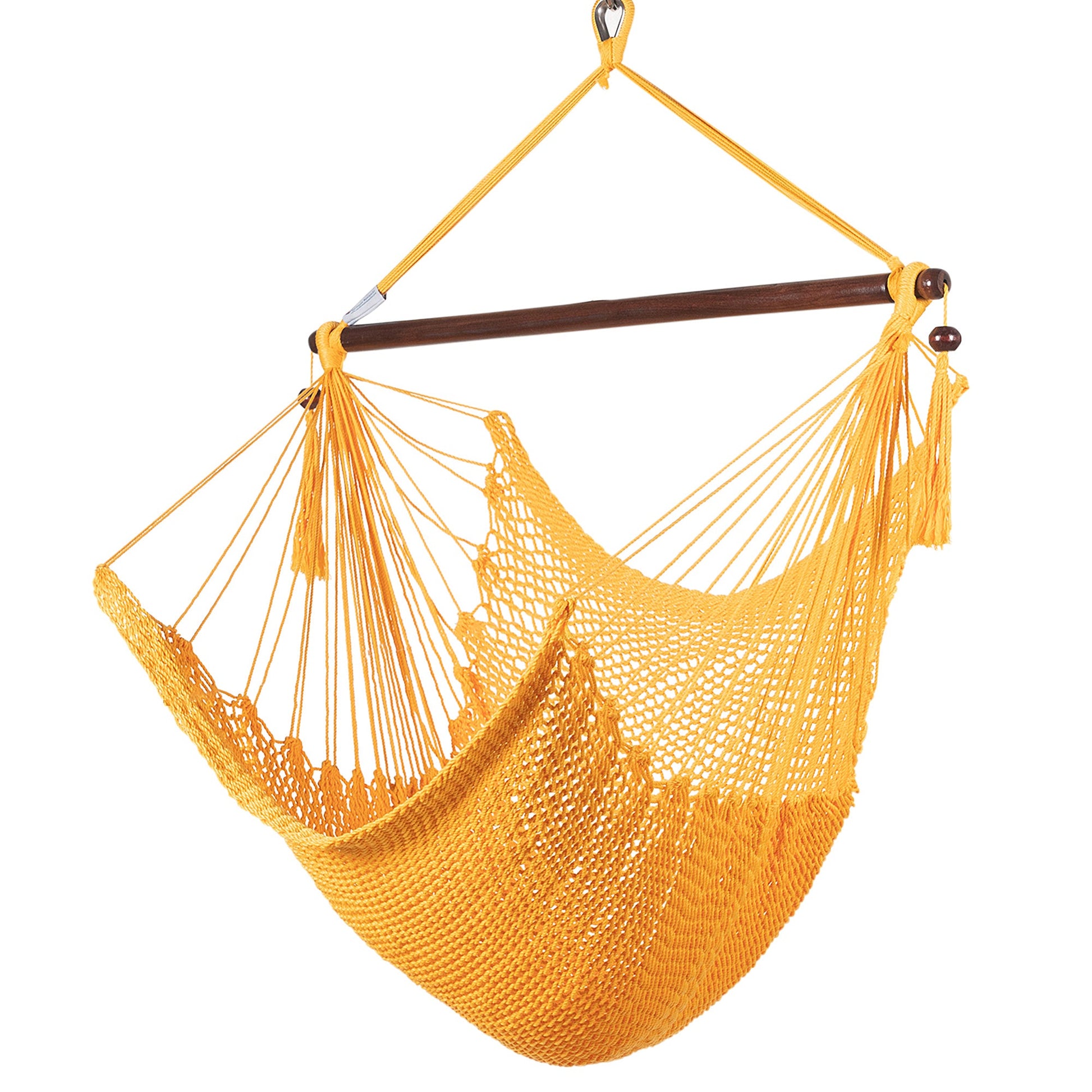 Island Haven hammock chair in yellow, hand-woven poly cord with a dark hardwood spreader bar and tasseled ends, on a white background