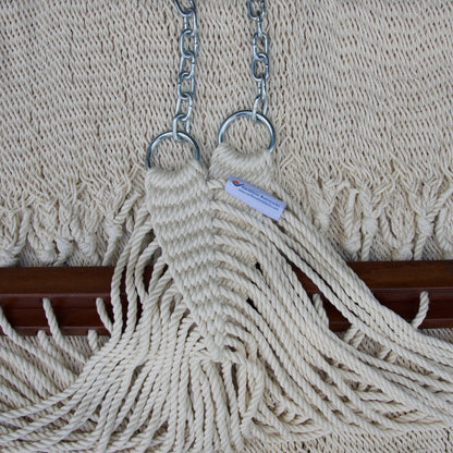 Clew knot on a cream Island Oasis hammock, polyester cords gathered into stainless steel rings with hanging chain