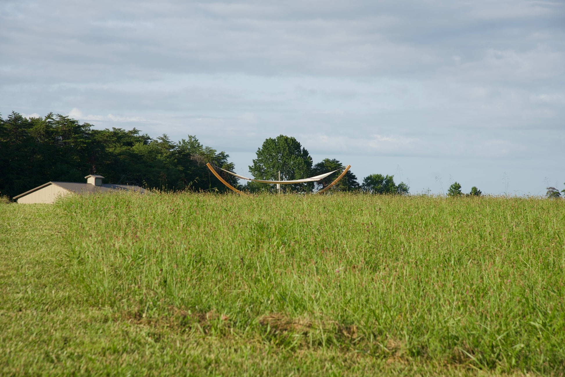 Cream Island Oasis hammock on the Wood Arc Hammock Stand seen across a tall grass field