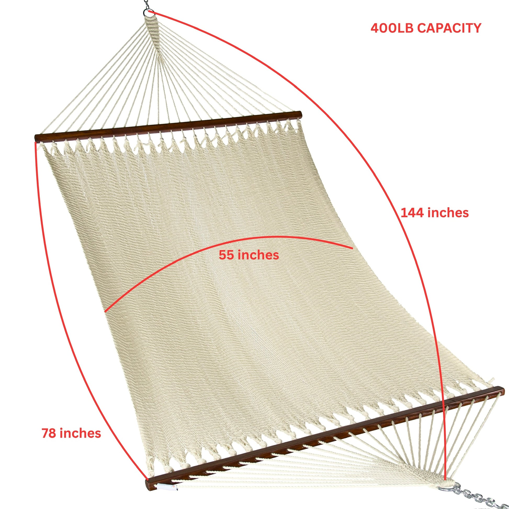 Island Oasis hammock dimensions: 144 inches tip to tip, 78 inches between spreader bars, 55 inch bed width, 400 lb capacity