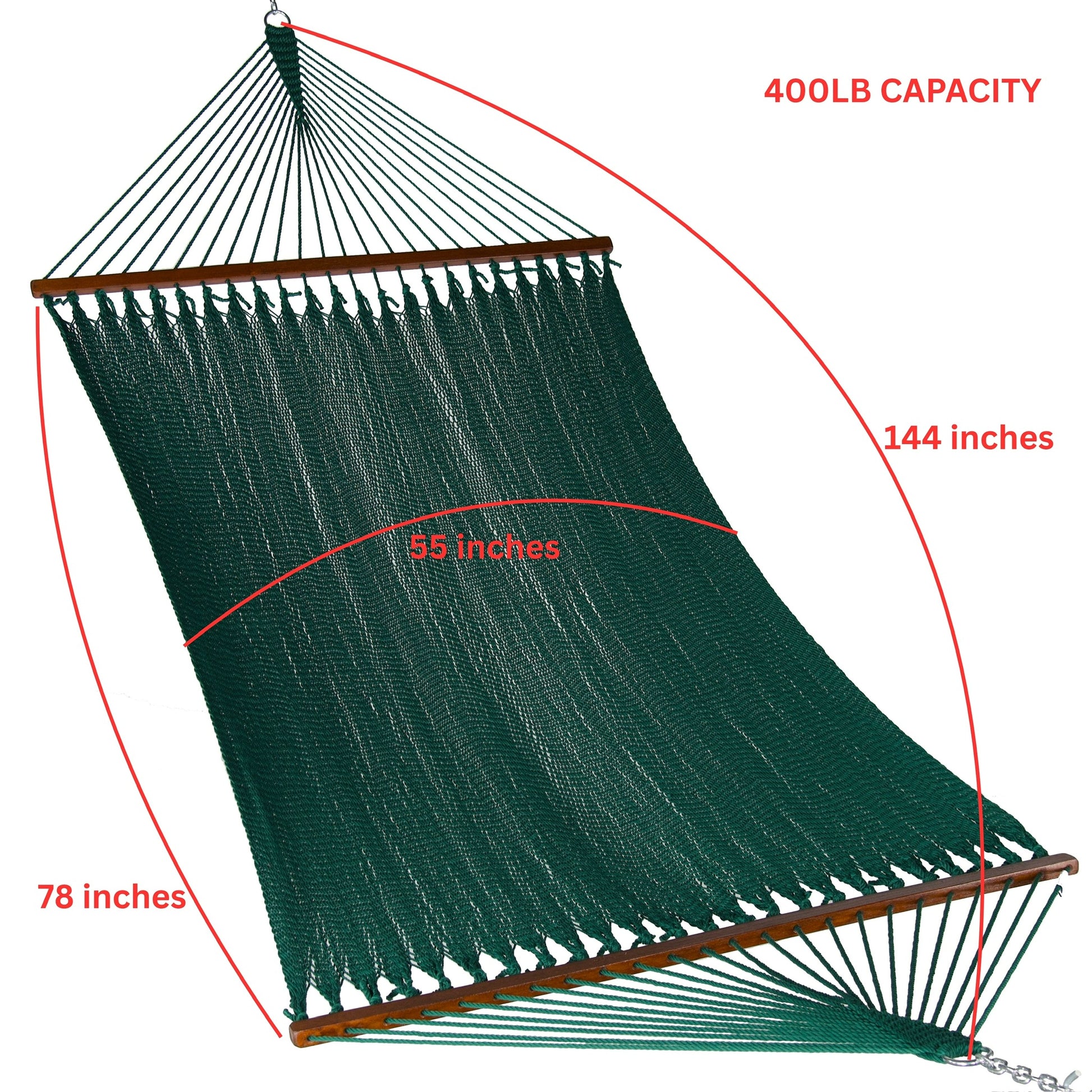 Green Island Oasis hammock dimensions: 144 inches tip to tip, 78 inches between spreader bars, 55 inch bed width, 400 lb capacity