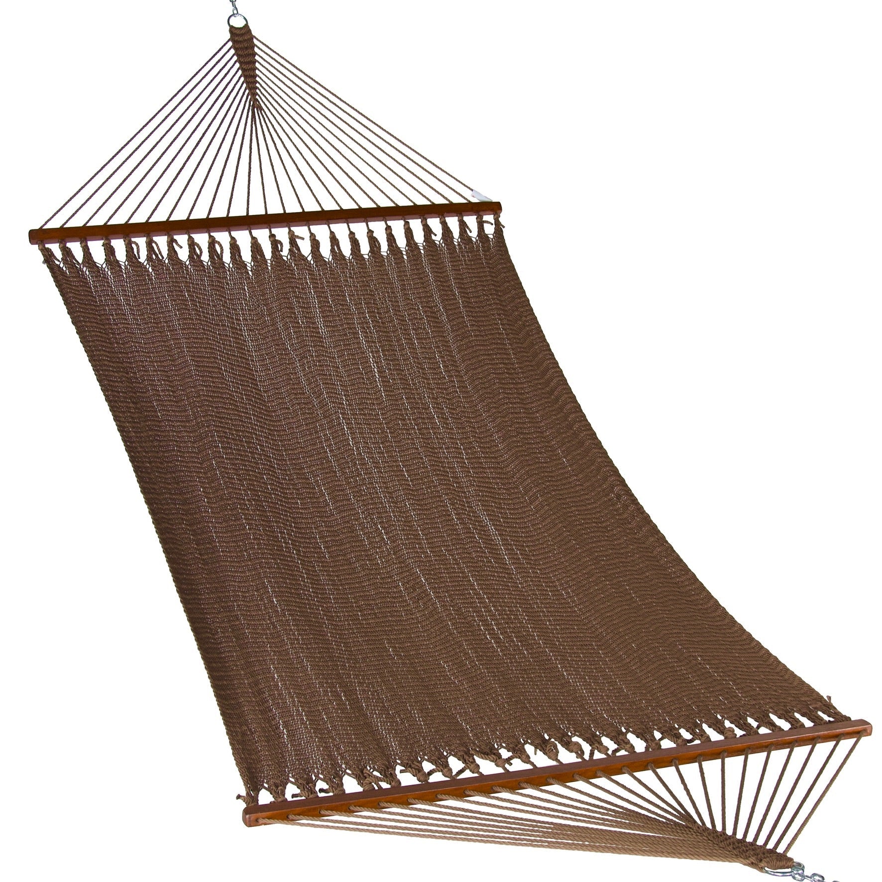 Island Oasis hammock in mocha, hand-woven polyester micro-weave with hardwood spreader bars, on a white background