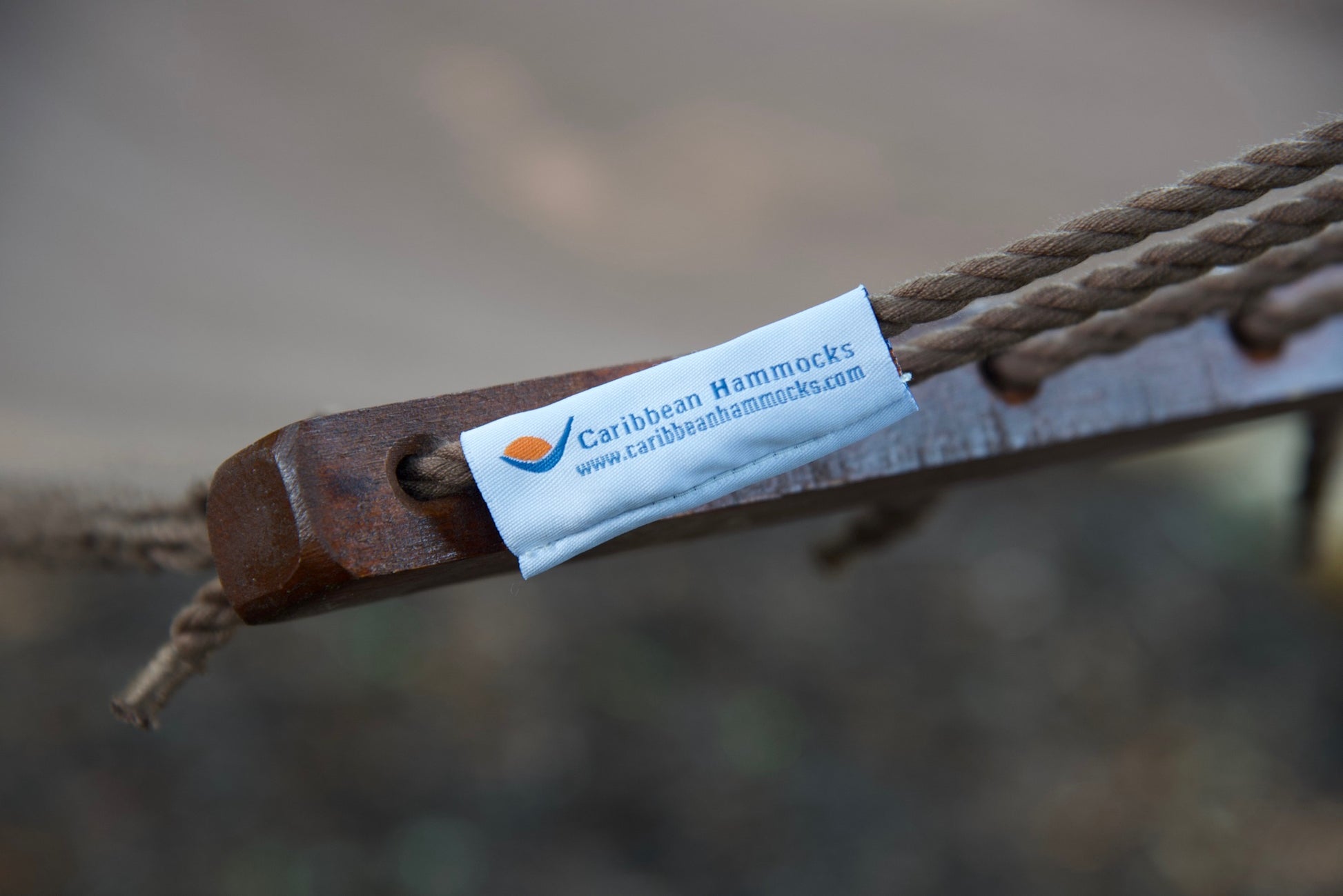 Caribbean Hammocks label on the end cord of a mocha Island Oasis hammock