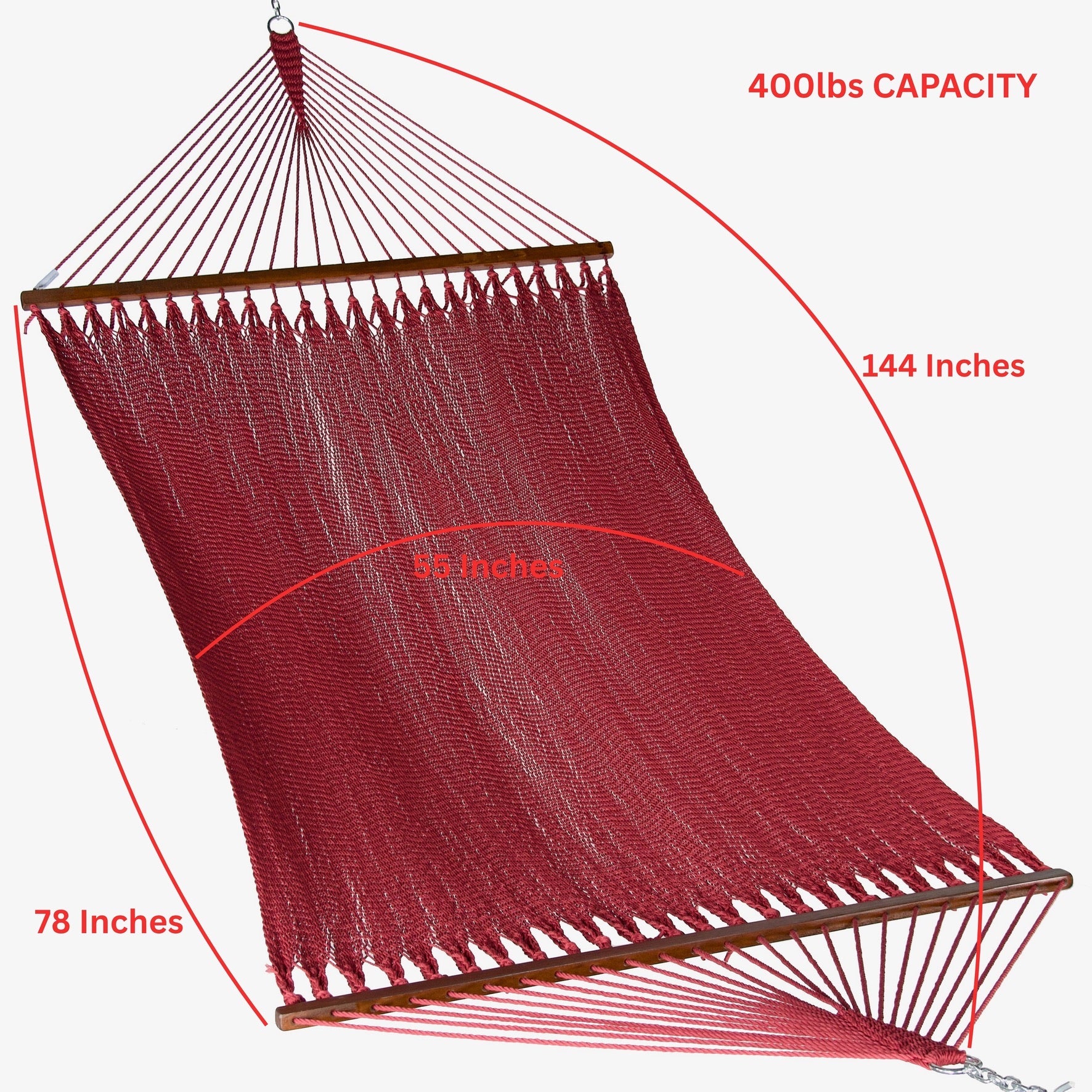 Red Island Oasis hammock dimensions: 144 inches tip to tip, 78 inches between spreader bars, 55 inch bed width, 400 lb capacity