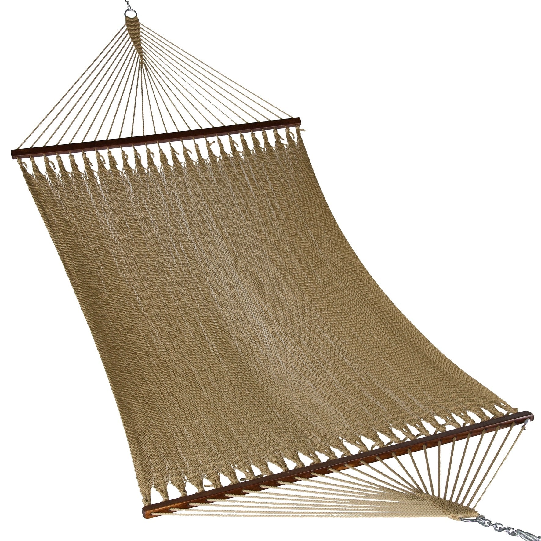 Island Oasis hammock in tan, hand-woven polyester micro-weave with hardwood spreader bars, on a white background