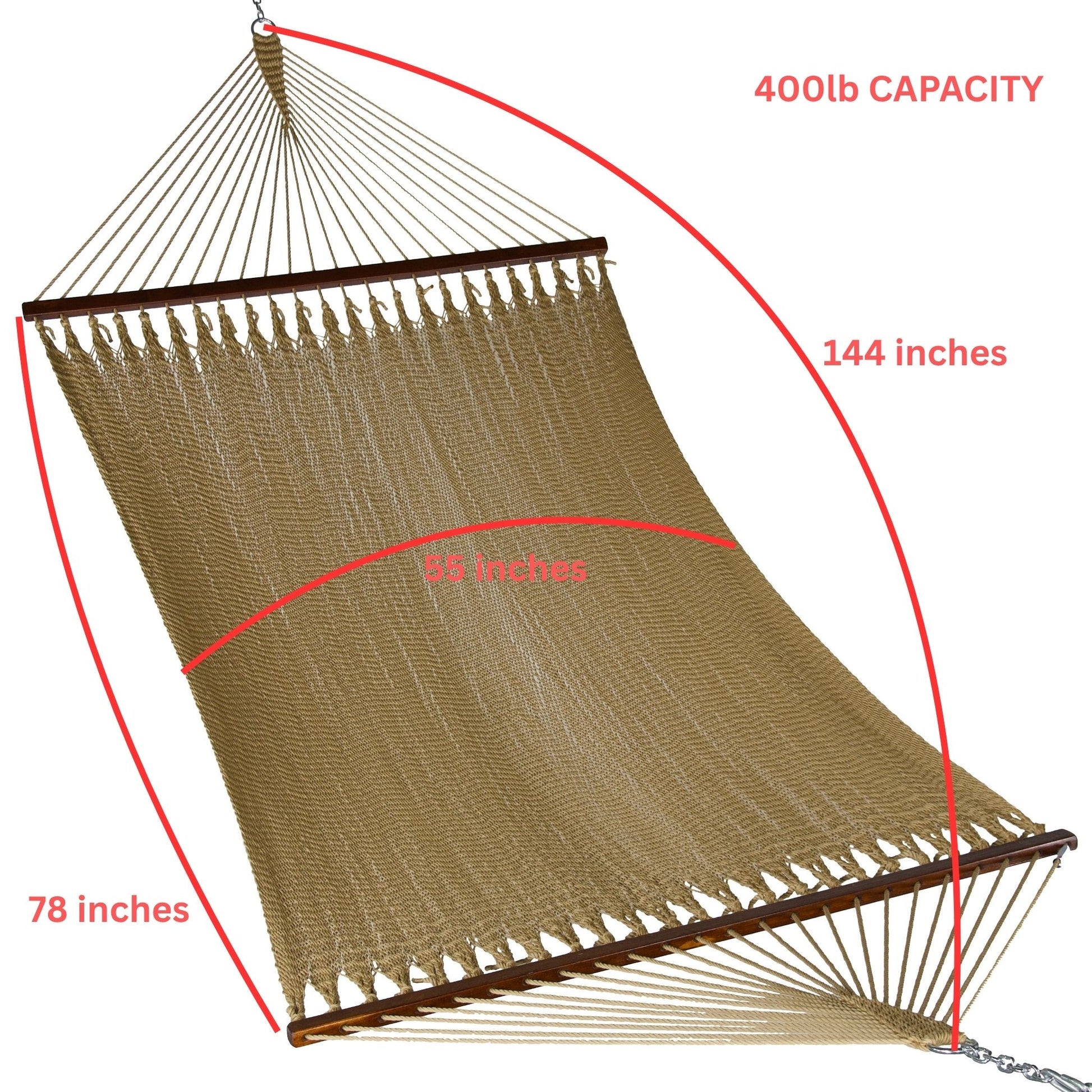 Tan Island Oasis hammock dimensions: 144 inches tip to tip, 78 inches between spreader bars, 55 inch bed width, 400 lb capacity