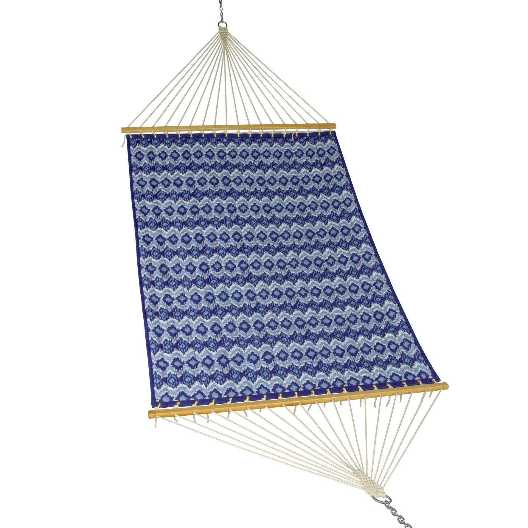 Island Tranquility hammock in blue wave, quilted polyester bed with wood spreader bars, on a white background