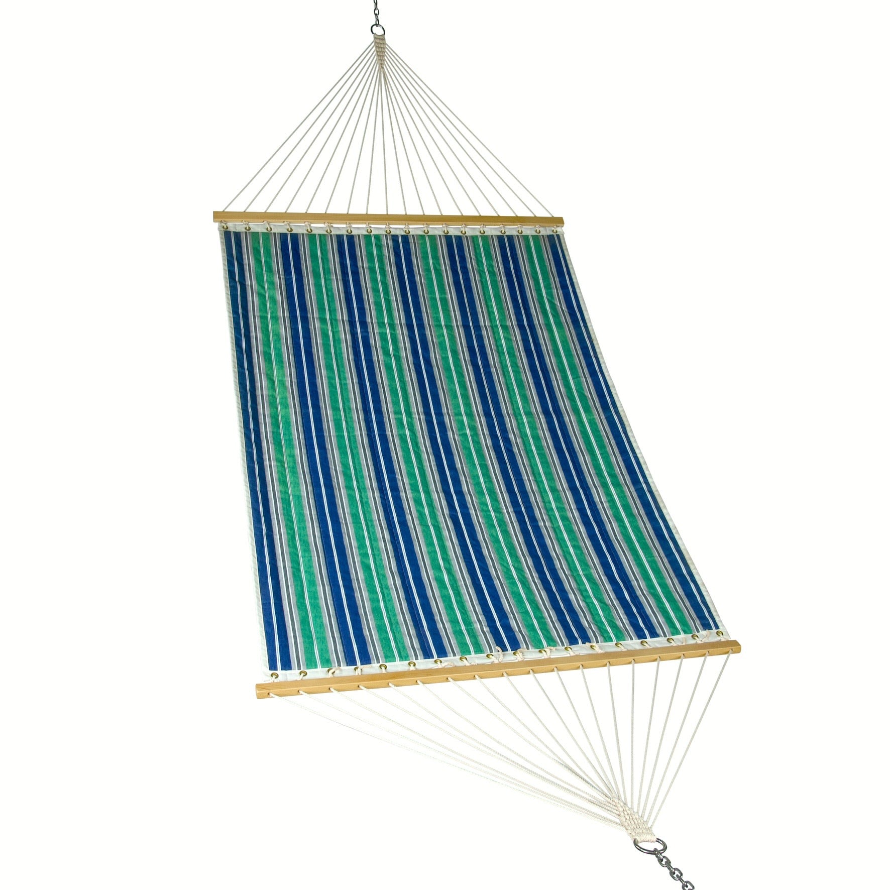 Island Tranquility hammock in green and blue stripe, quilted polyester bed with wood spreader bars, on a white background