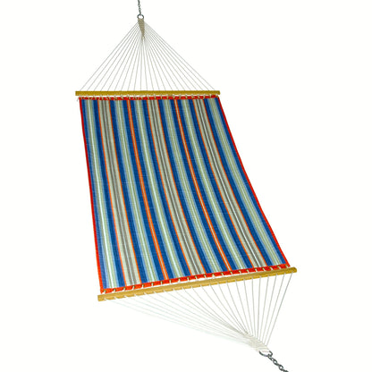 Island Tranquility hammock in multi, quilted polyester bed with wood spreader bars, on a white background