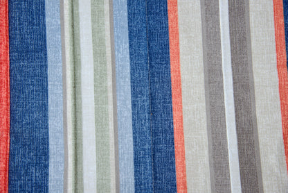 Close-up of the multi Jacquard-woven polyester bed on an Island Tranquility hammock, blue, coral, sage, grey and cream stripes