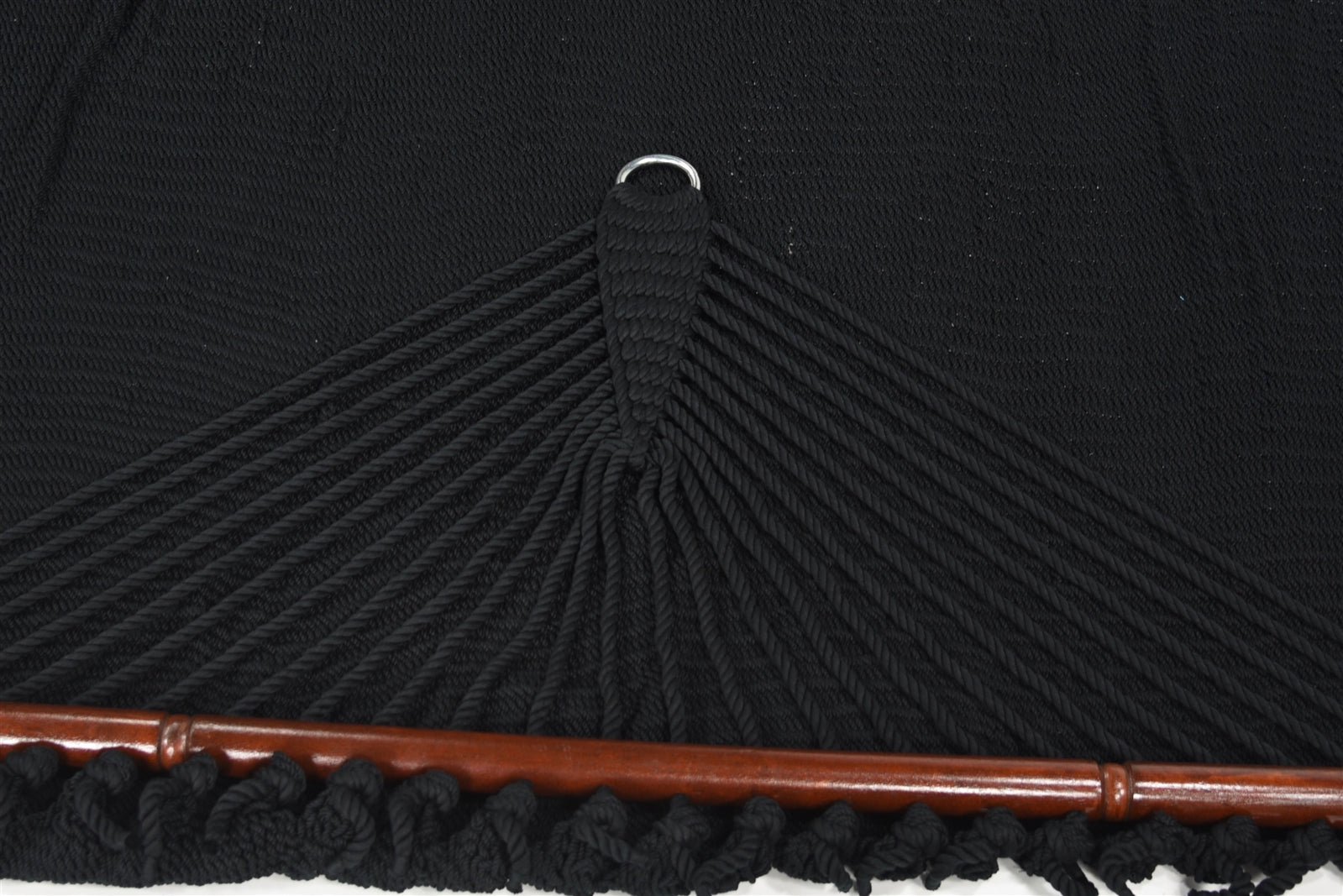 Close-up of the end cords and stainless steel O-ring on the Black Jumbo Caribbean Hammock