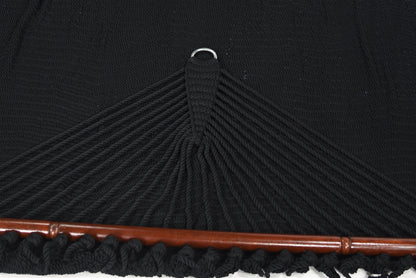 Close-up of the end cords and stainless steel O-ring on the Black Jumbo Caribbean Hammock