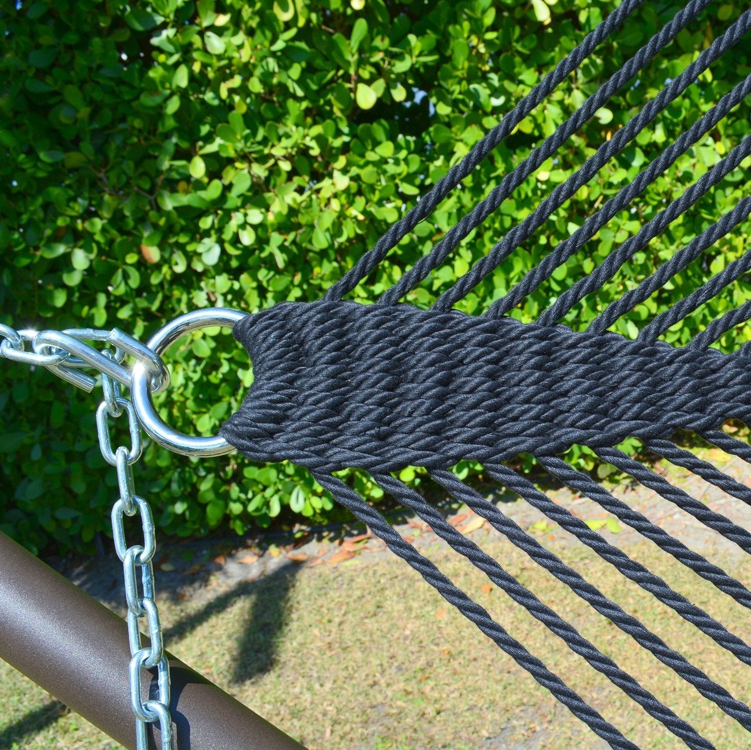 Close-up of the clew knot gathering the end cords on the Black Jumbo Caribbean Hammock