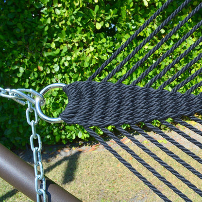 Close-up of the clew knot gathering the end cords on the Black Jumbo Caribbean Hammock