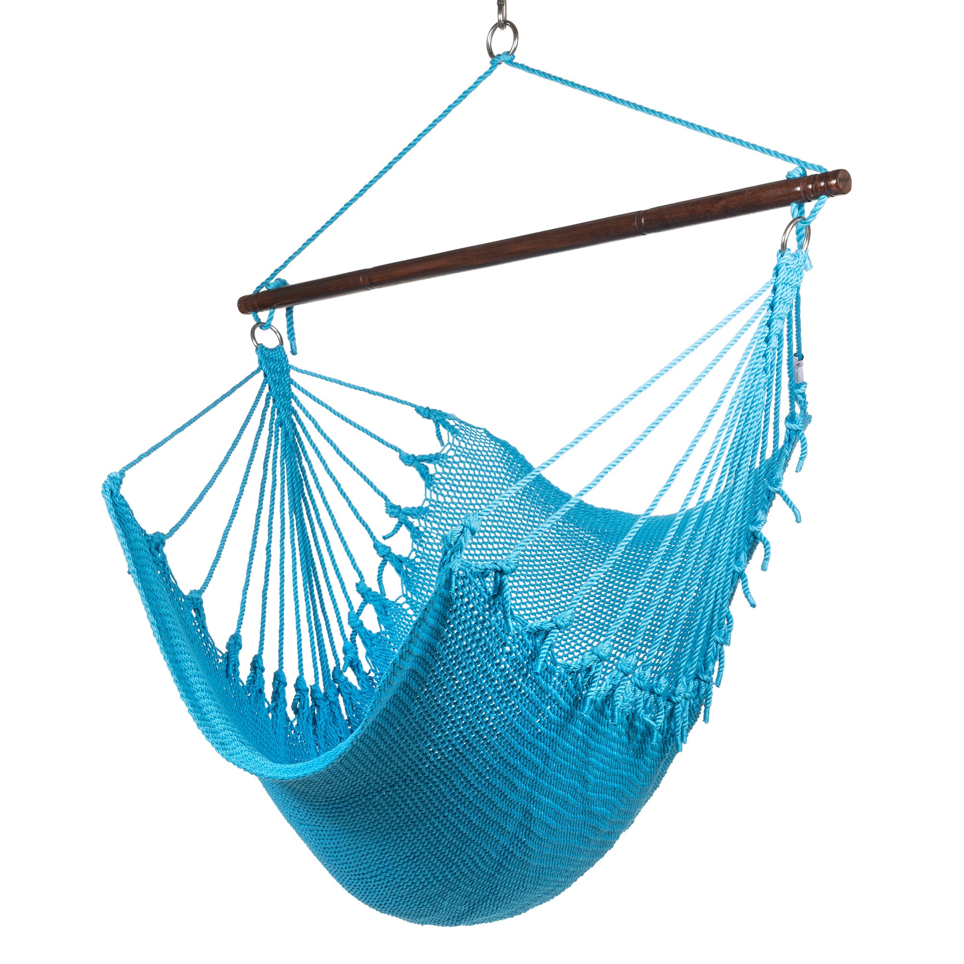 Jumbo Caribbean Hammock Chair in light blue, hand-woven polyester cord with a dark hardwood spreader bar and tasseled ends, on a white background