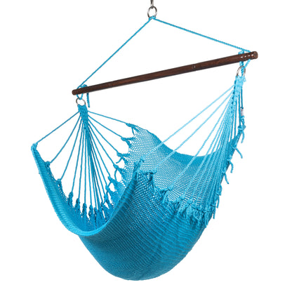Jumbo Caribbean Hammock Chair in light blue, hand-woven polyester cord with a dark hardwood spreader bar and tasseled ends, on a white background