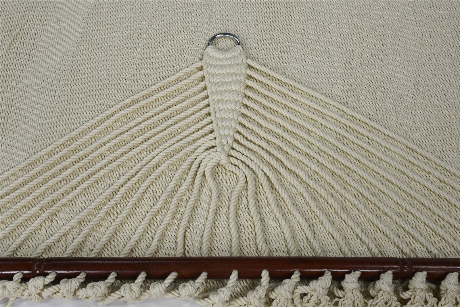Close-up of the end cords and stainless steel O-ring on the Cream Jumbo Caribbean Hammock