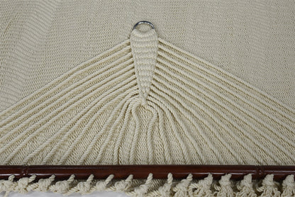 Close-up of the end cords and stainless steel O-ring on the Cream Jumbo Caribbean Hammock