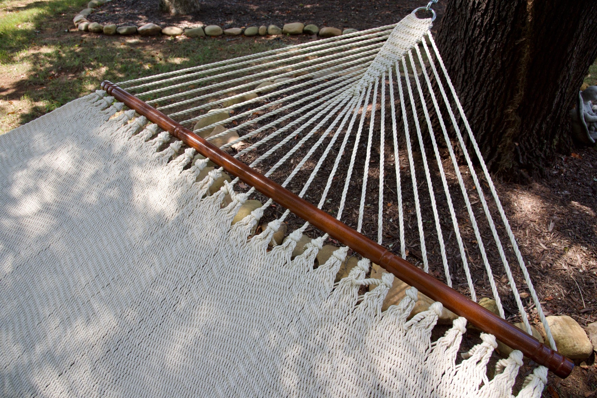Hardwood spreader bar and fanned end cords on the Cream Jumbo Caribbean Hammock
