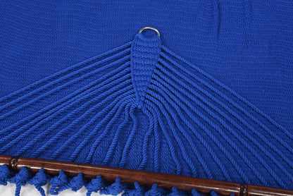 Close-up of the end cords and stainless steel O-ring on the Dark Blue Jumbo Caribbean Hammock