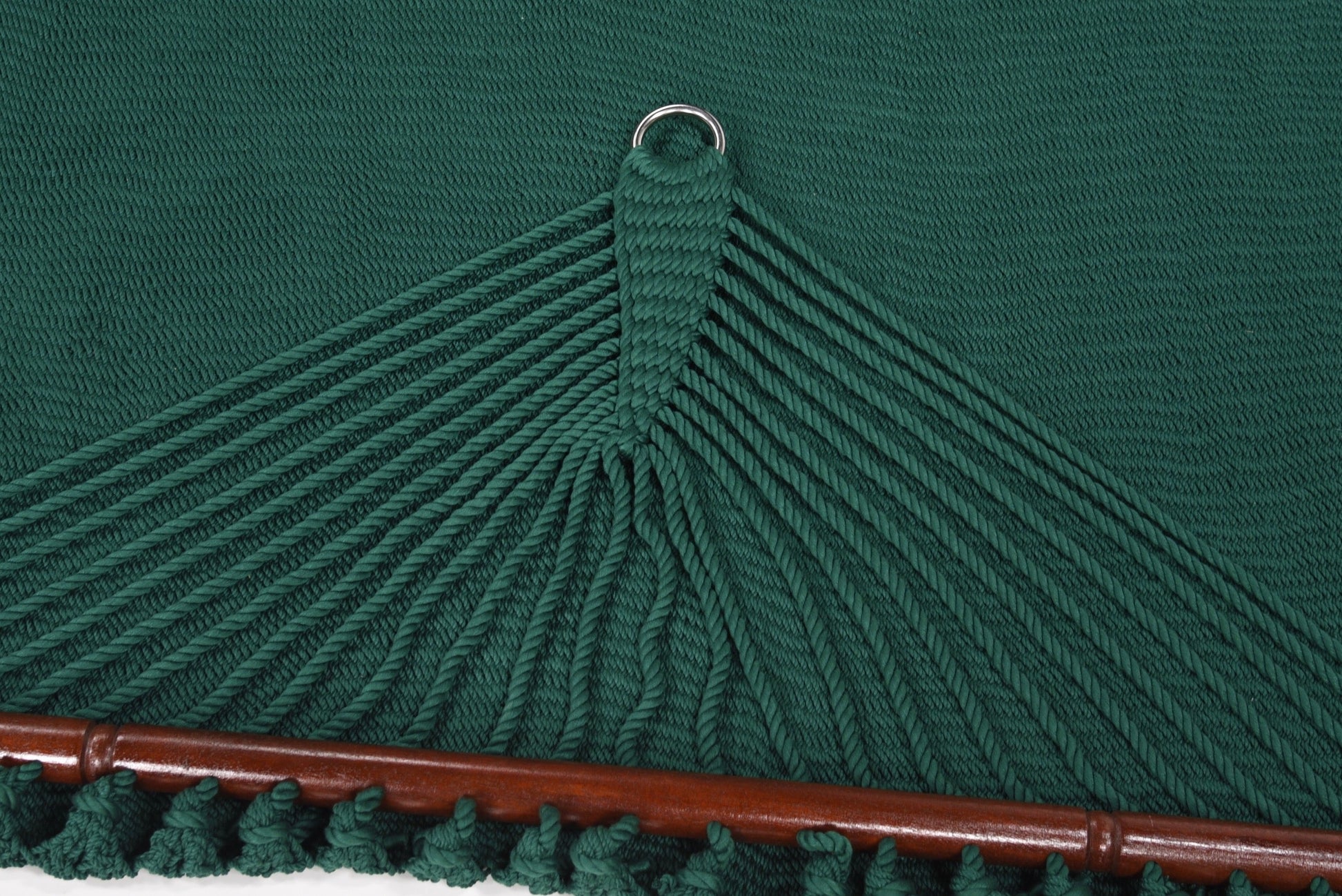 Close-up of the end cords and stainless steel O-ring on the Green Jumbo Caribbean Hammock