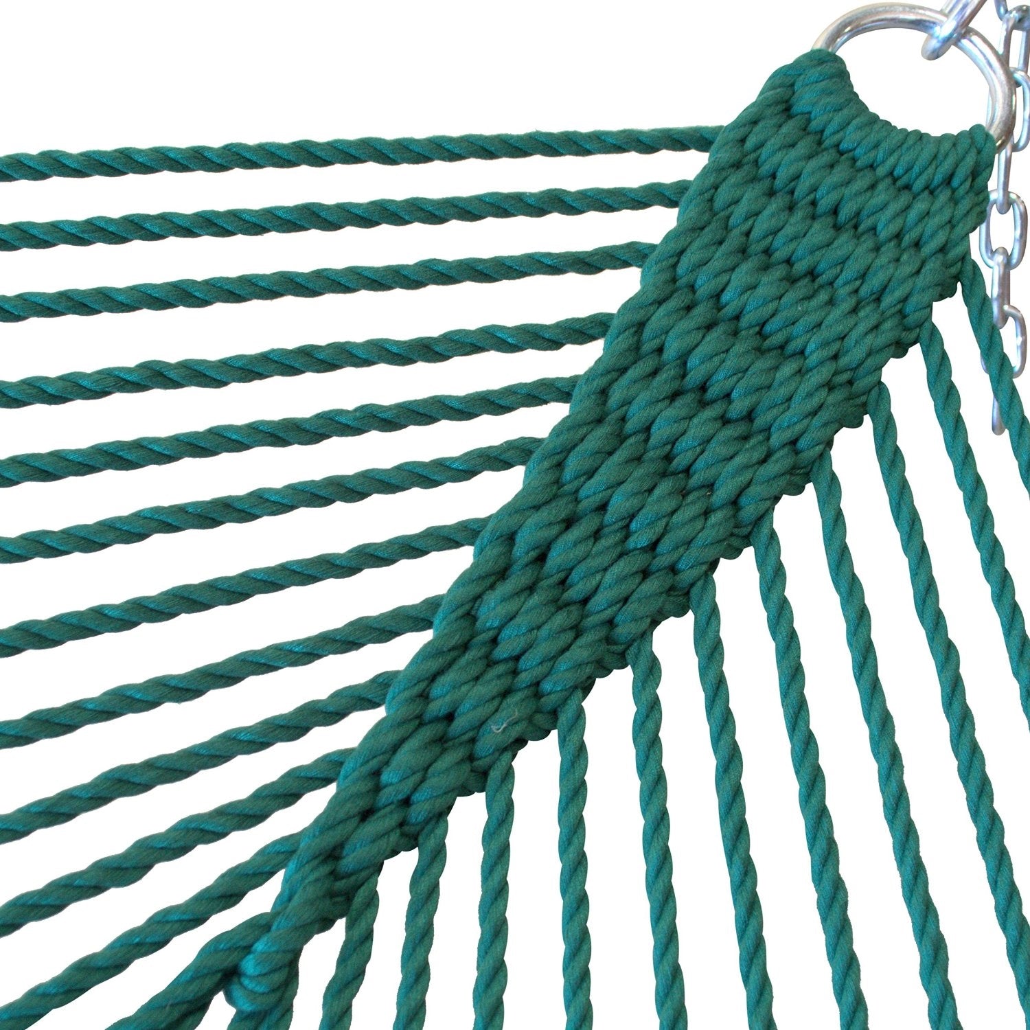 Close-up of the clew knot gathering the end cords on the Green Jumbo Caribbean Hammock