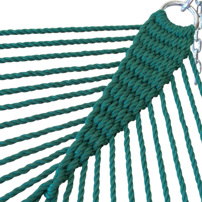 Close-up of the clew knot gathering the end cords on the Green Jumbo Caribbean Hammock
