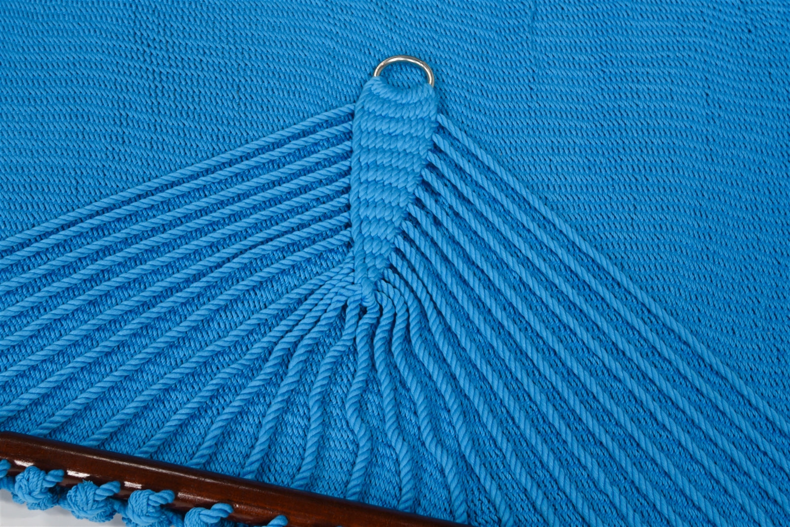 Close-up of the end cords and stainless steel O-ring on the Light Blue Jumbo Caribbean Hammock
