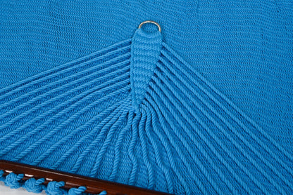 Close-up of the end cords and stainless steel O-ring on the Light Blue Jumbo Caribbean Hammock