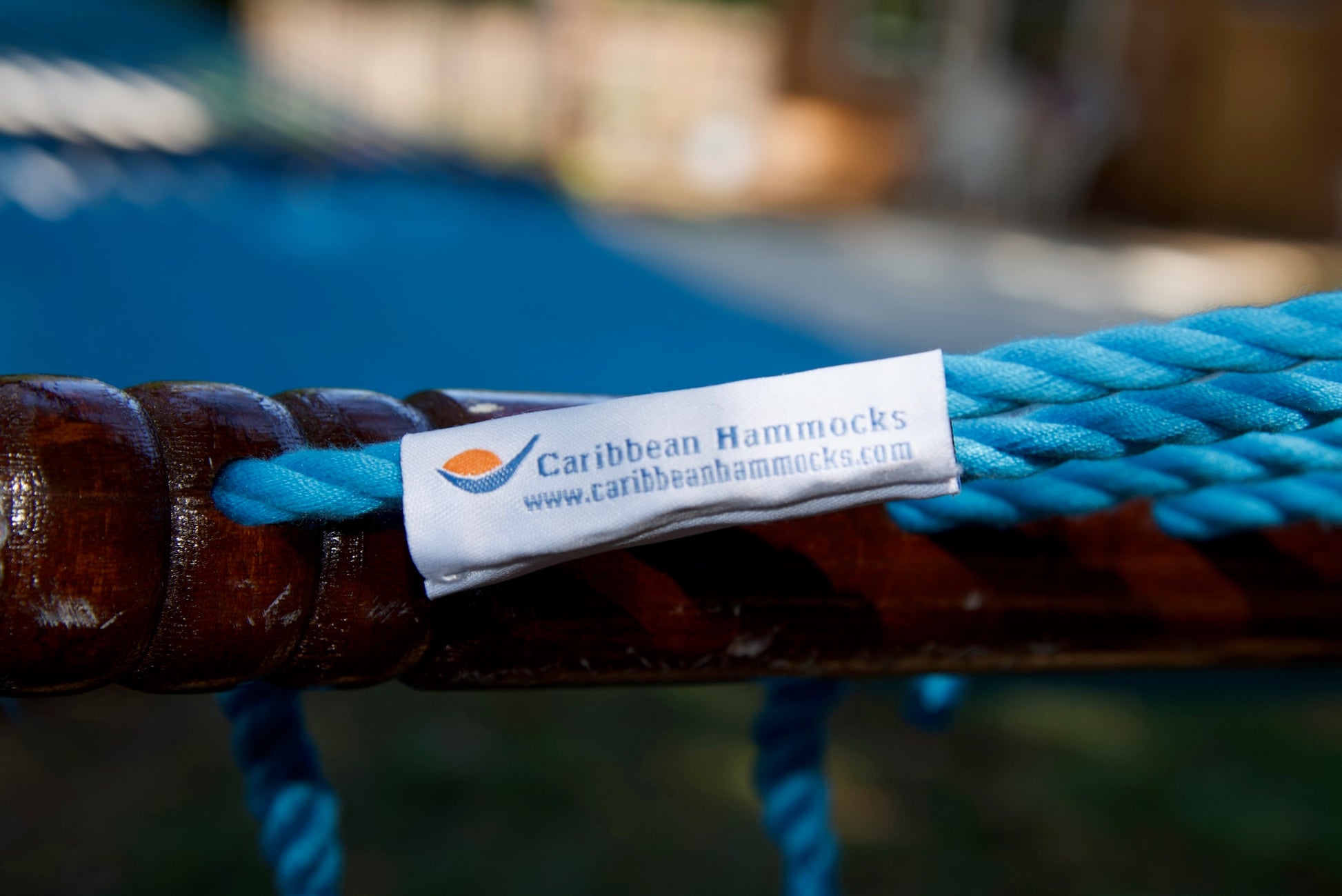 Caribbean Hammocks brand label on an end cord of the Light Blue Jumbo Caribbean Hammock
