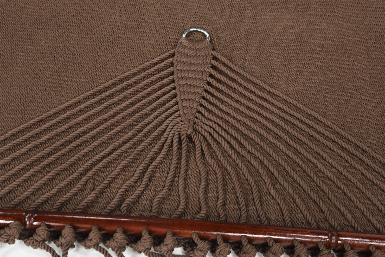 Close-up of the end cords and stainless steel O-ring on the Mocha Jumbo Caribbean Hammock