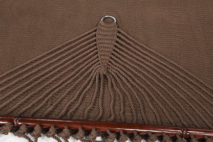 Close-up of the end cords and stainless steel O-ring on the Mocha Jumbo Caribbean Hammock