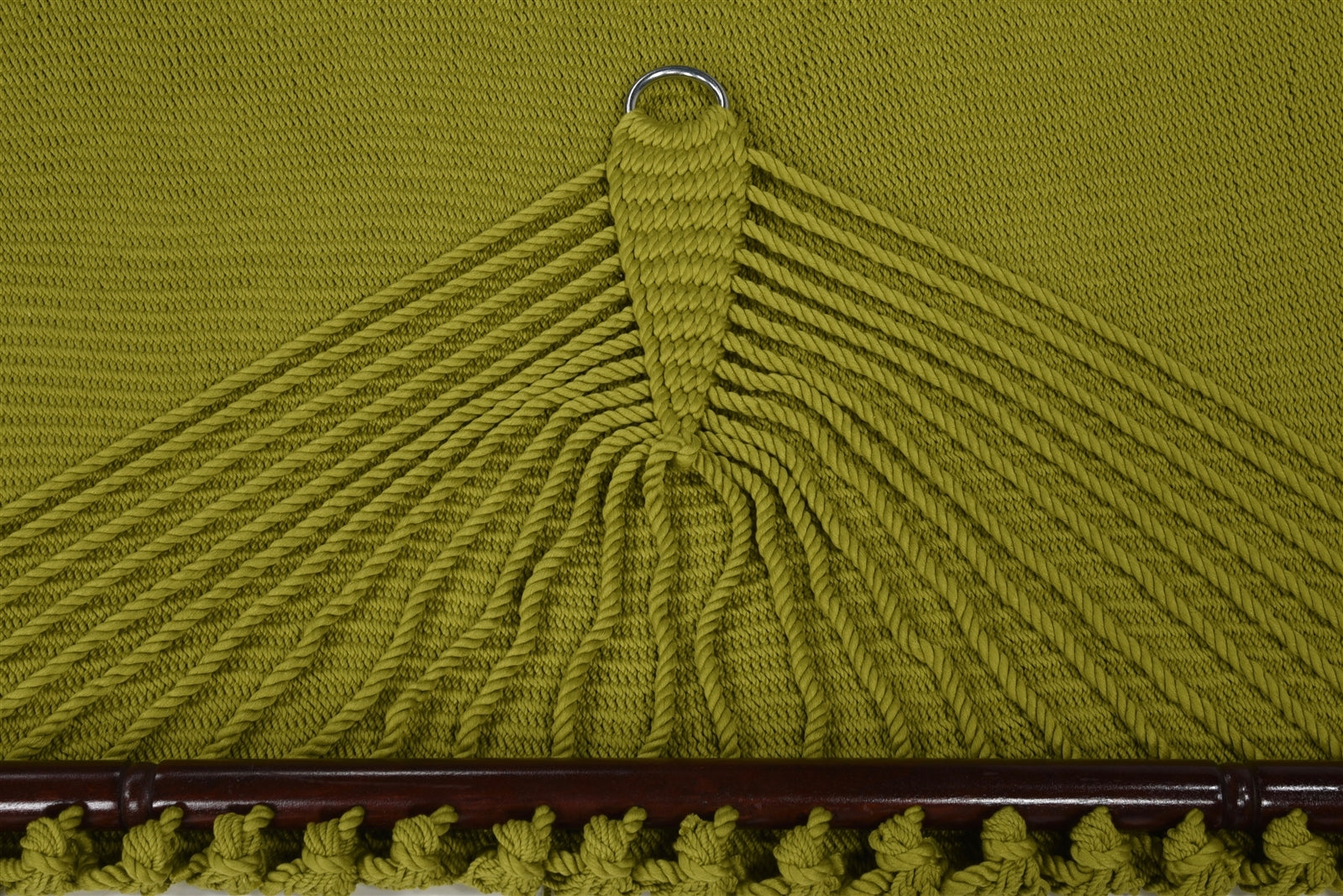 Close-up of the end cords and stainless steel O-ring on the Olive Jumbo Caribbean Hammock