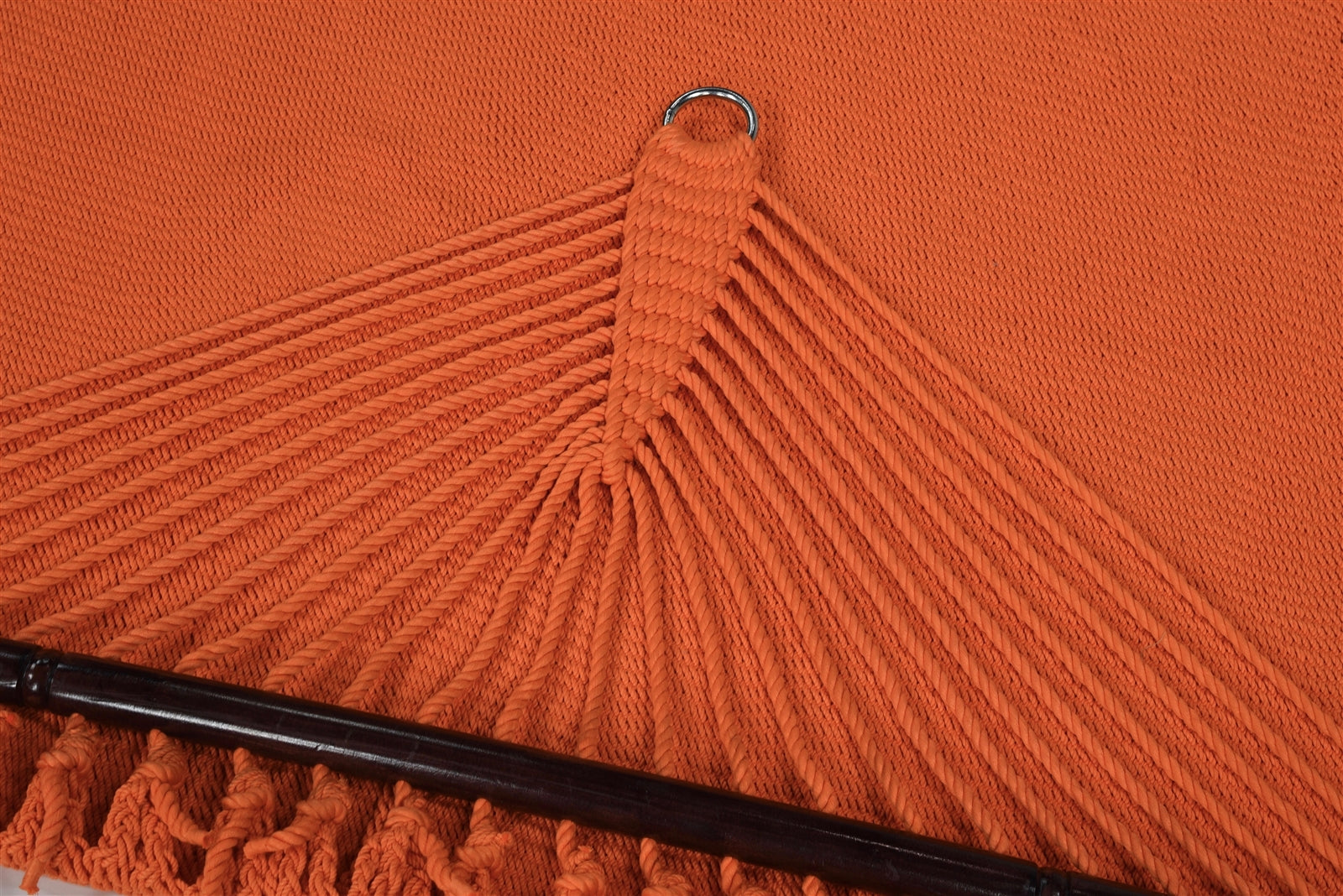Close-up of the end cords and stainless steel O-ring on the Orange Jumbo Caribbean Hammock