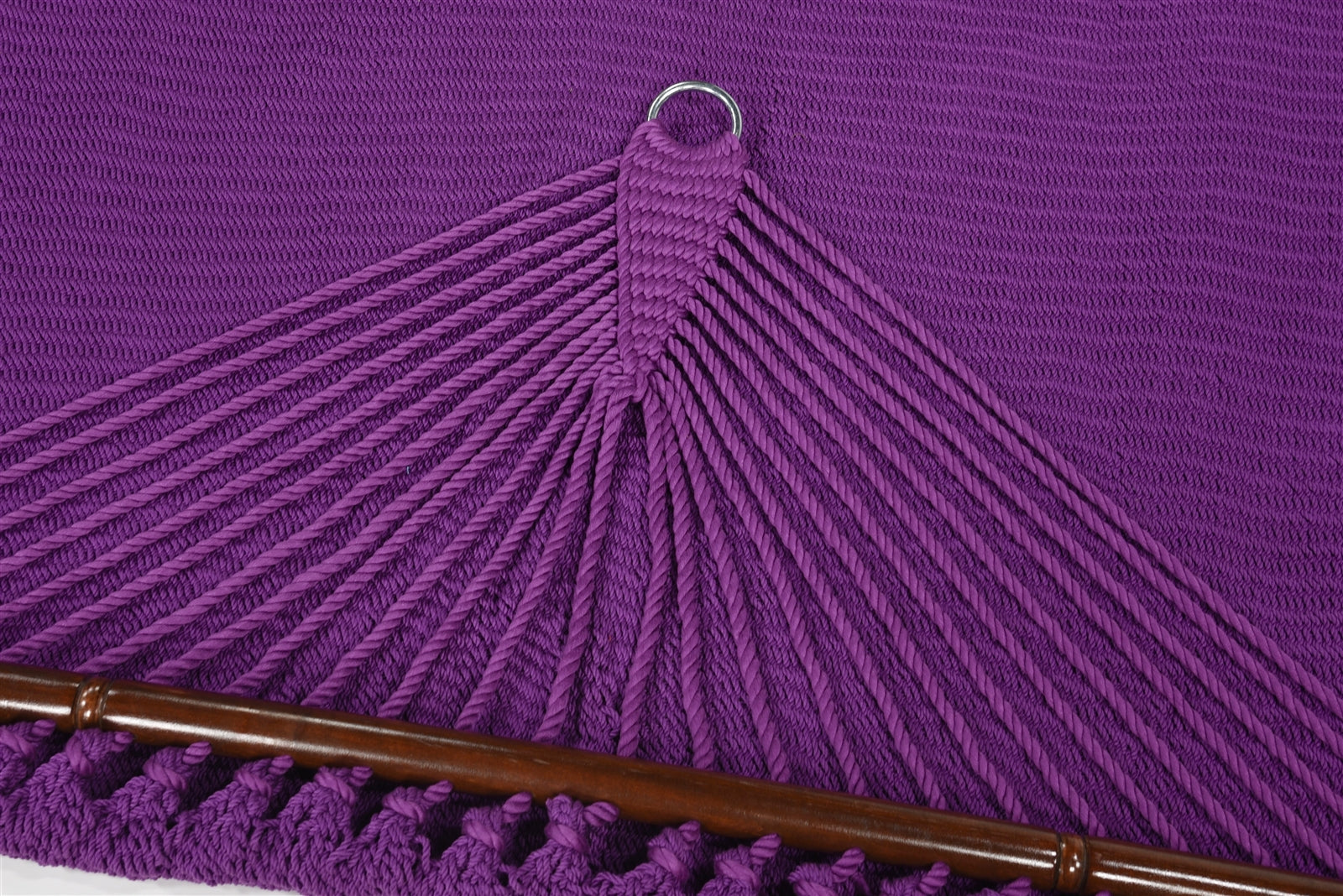 Close-up of the end cords and stainless steel O-ring on the Purple Jumbo Caribbean Hammock