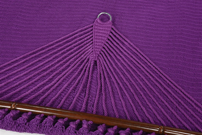 Close-up of the end cords and stainless steel O-ring on the Purple Jumbo Caribbean Hammock