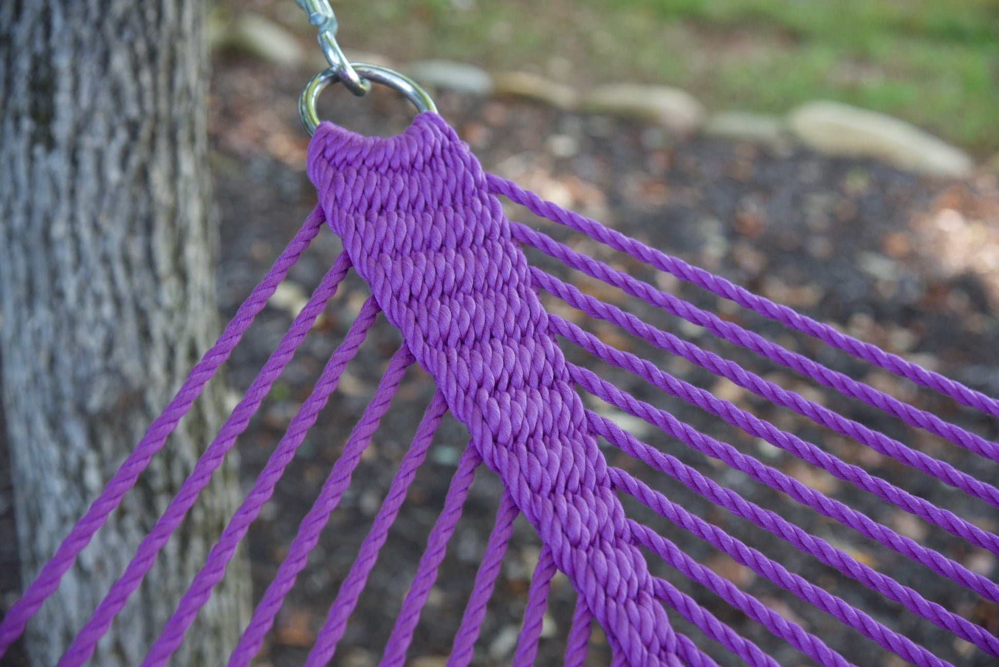 Clew knot gathering the end cords to the stainless steel O-ring on the Purple Jumbo Caribbean Hammock