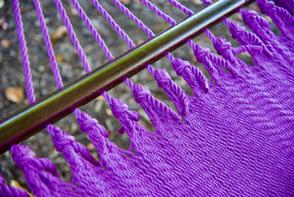 Close-up of the knotted edge loops joining the end cords to the bed of the Purple Jumbo Caribbean Hammock