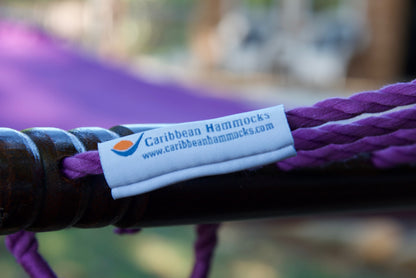 Caribbean Hammocks brand label on an end cord of the Purple Jumbo Caribbean Hammock