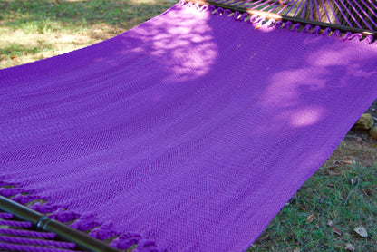 The full hand-woven bed of the Purple Jumbo Caribbean Hammock seen end to end