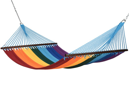 Jumbo Caribbean Hammock in Rainbow, hand-woven polyester with hardwood spreader bars