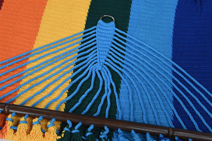 Close-up of the end cords and stainless steel O-ring on the Rainbow Jumbo Caribbean Hammock