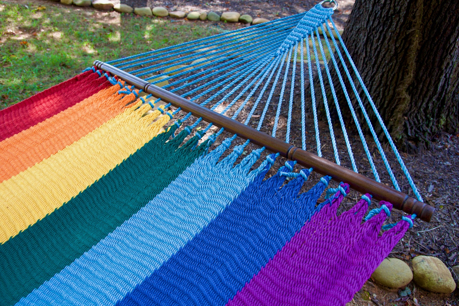 Hardwood spreader bar and fanned end cords on the Rainbow Jumbo Caribbean Hammock