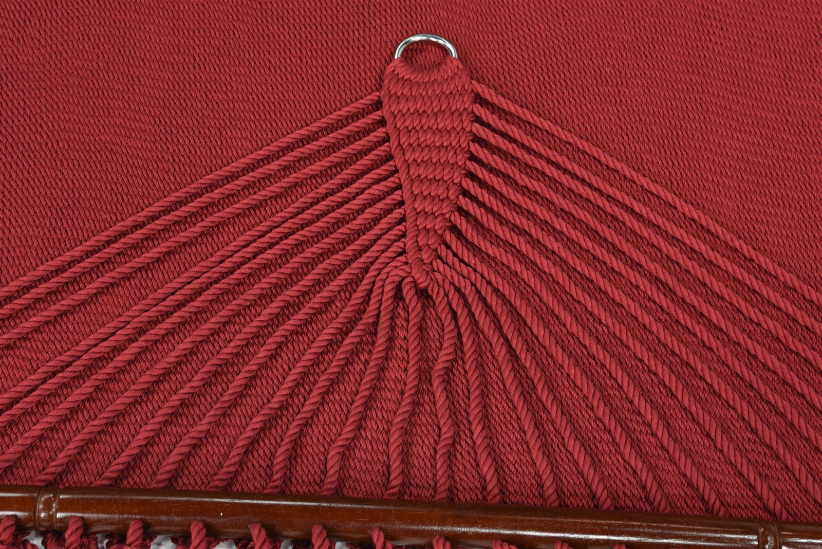 Close-up of the end cords and stainless steel O-ring on the Red Jumbo Caribbean Hammock
