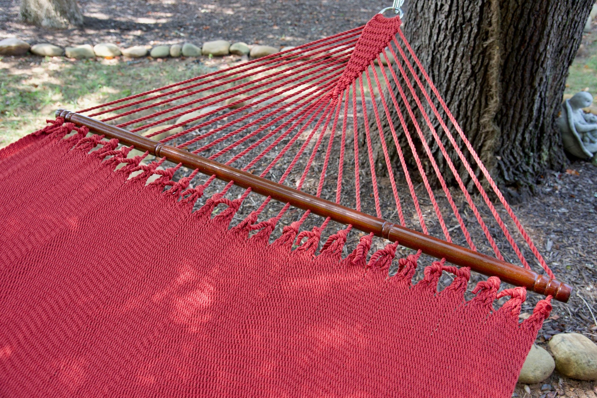 Hardwood spreader bar and fanned end cords on the Red Jumbo Caribbean Hammock