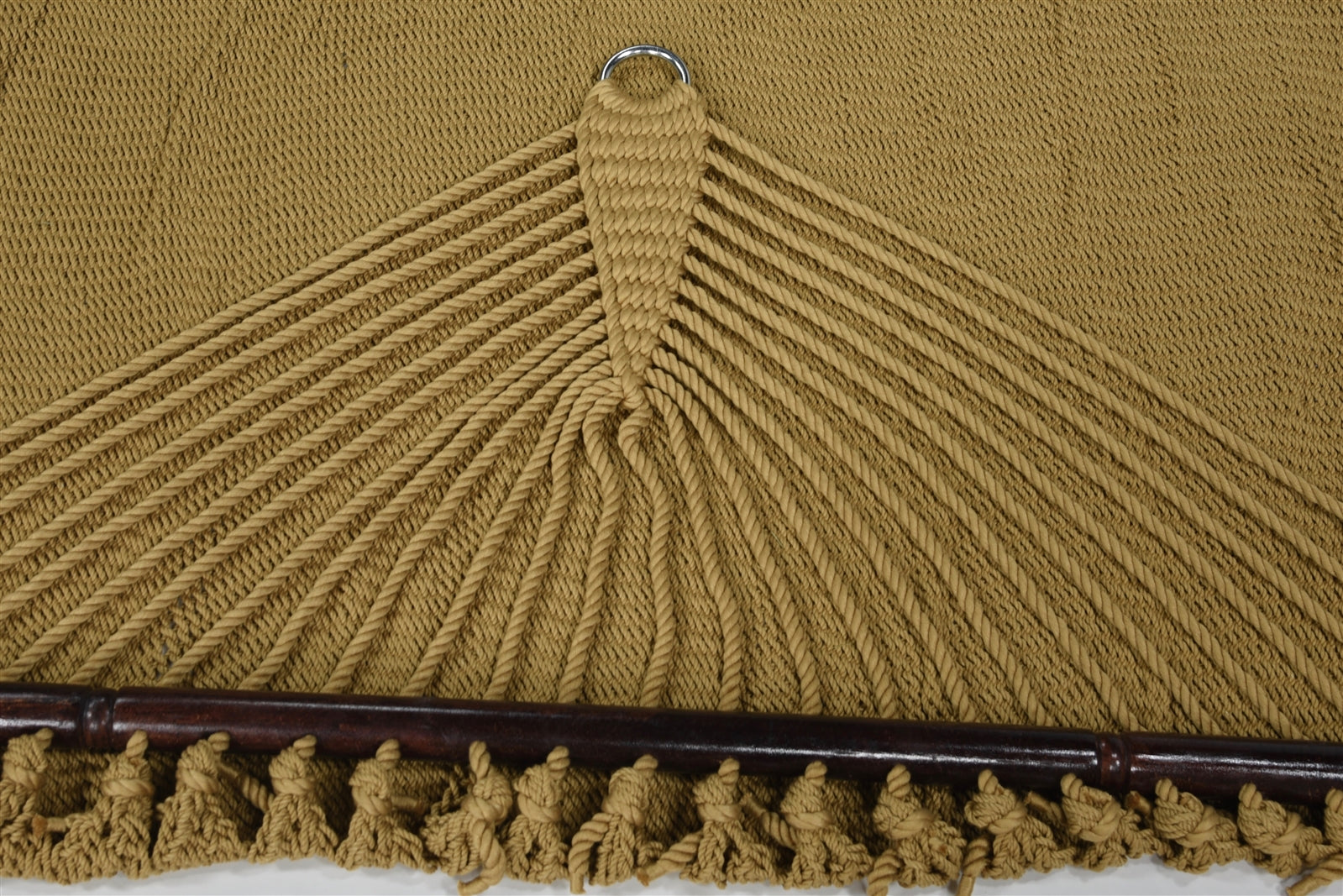 Close-up of the end cords and stainless steel O-ring on the Tan Jumbo Caribbean Hammock